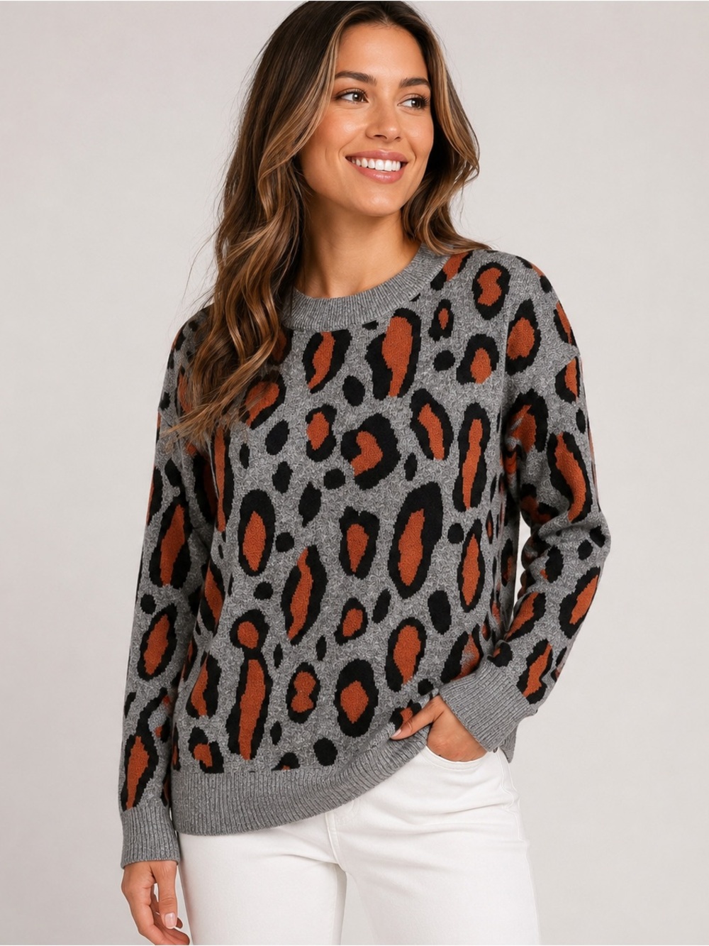 New Gray Leopard Print Soft Knit Sweater S/M Brown Black Animal Print